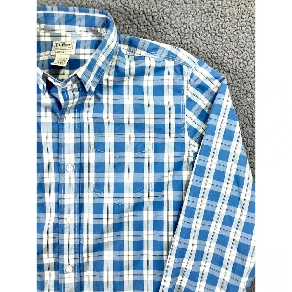 LL Bean Mens Blue White Plaid CoolMax Slightly Fitted Button Down Shirt L-Reg